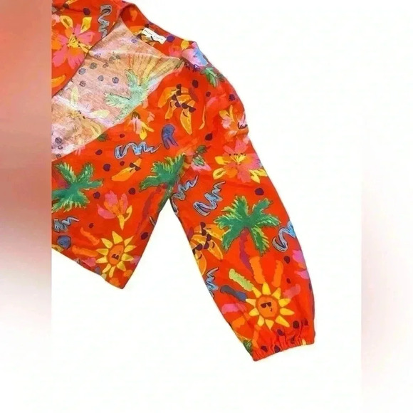 Maison d’Amelie Tropical Tie Front Linen Blend V-Neck 3/4 Sleeve Top Size Small - Picture 4 of 10